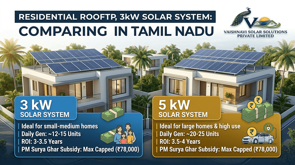 3 kW versus 5 kW rooftop solar panel comparison banner showing daily power generation and system costs.