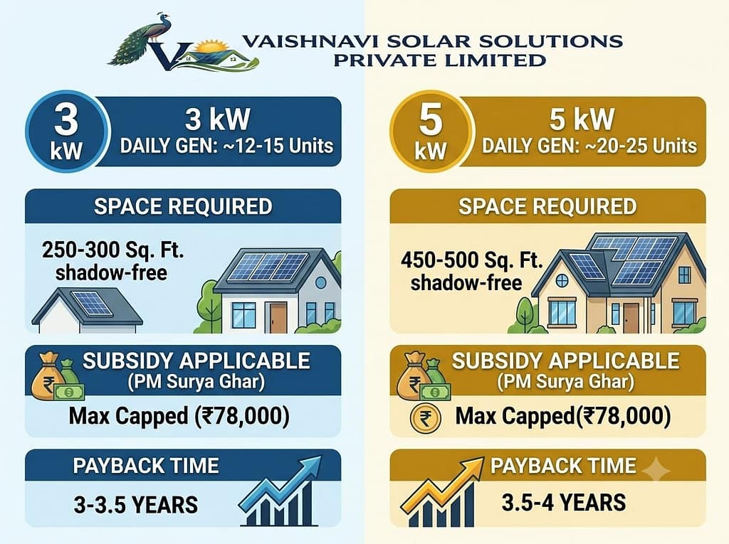 Infographic comparing 3 kW and 5 kW solar systems in terms of daily output, roof space, and appliance capacity.