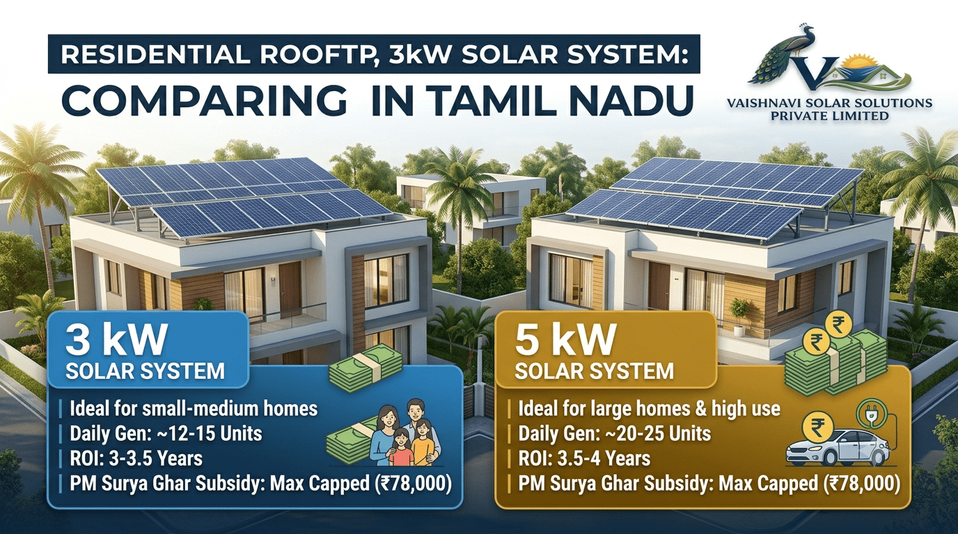 3 kW versus 5 kW rooftop solar panel comparison banner showing daily power generation and system costs.
